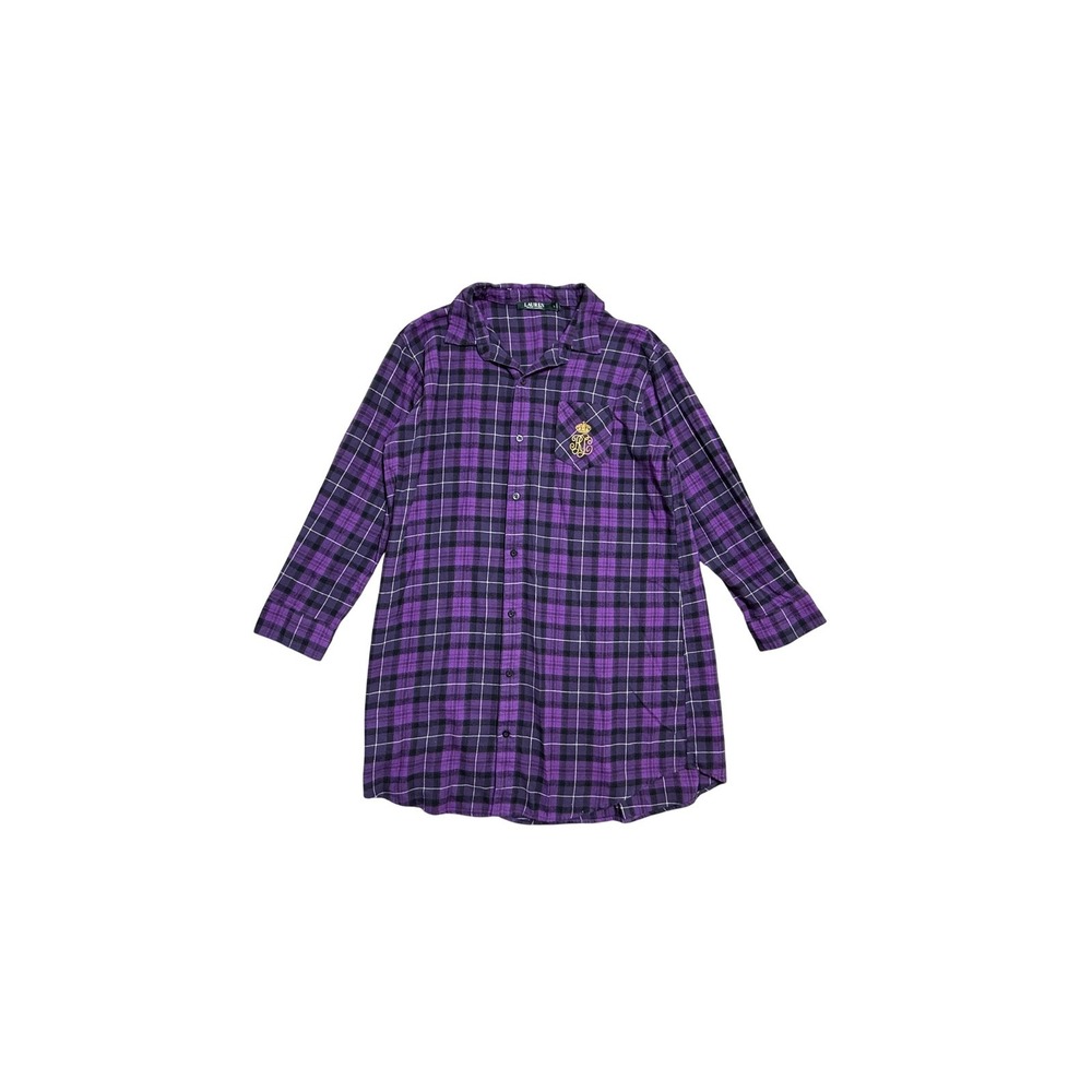 Lauren Ralph Lauren Sleepshirt Womens Large Purple Plaid Flannel Embroidered